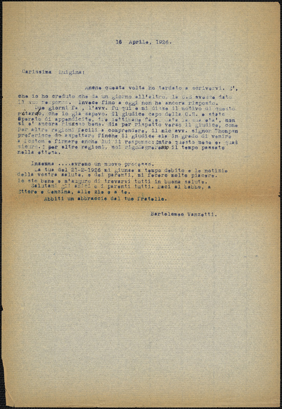 Bartolomeo Vanzetti typed letter (copy) to Luigia Vanzetti, [Charlestown], 16 April 1926