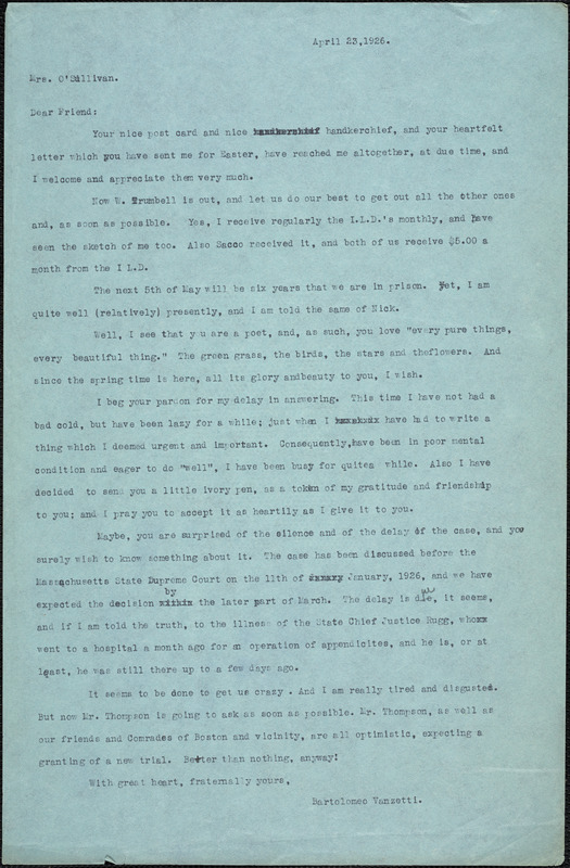 Bartolomeo Vanzetti typed letter (copy) to Mrs. M. O'Sullivan, [Charlestown], 23 April 1926