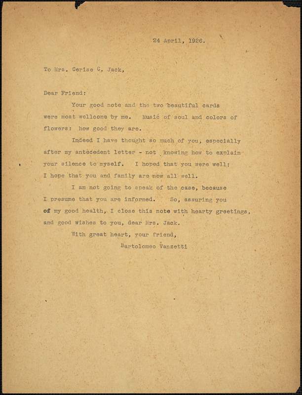 Bartolomeo Vanzetti typed note (copy) to Cerise Jack, [Charlestown], 24 April 1926