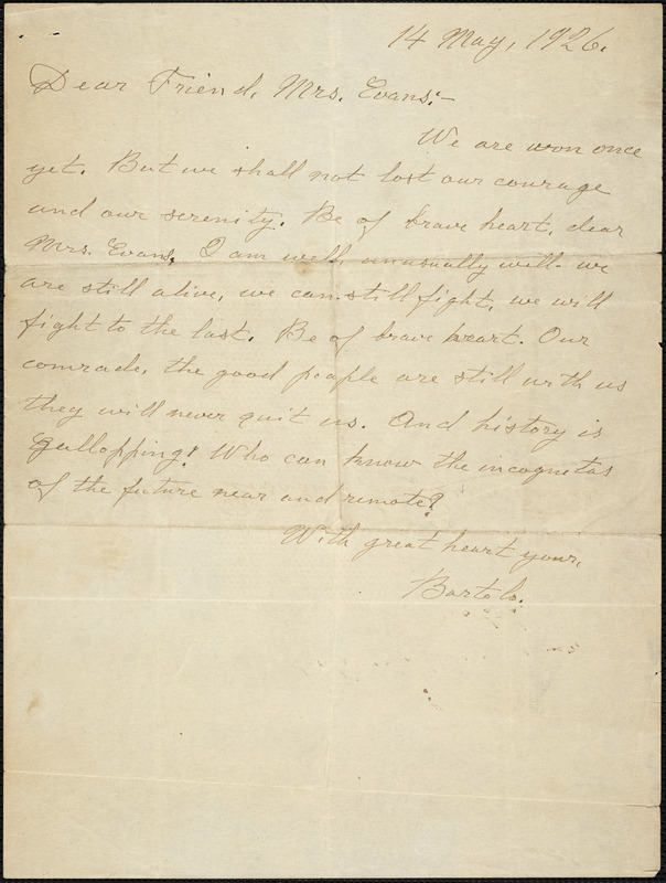 Bartolomeo Vanzetti autographed note signed to [Elizabeth Glendower] Evans, [Charlestown], 14 May 1926