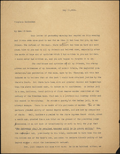 Bartolomeo Vanzetti typed letter (copy) to Virginia A. MacMechan, [Charlestown], 15 May 1926