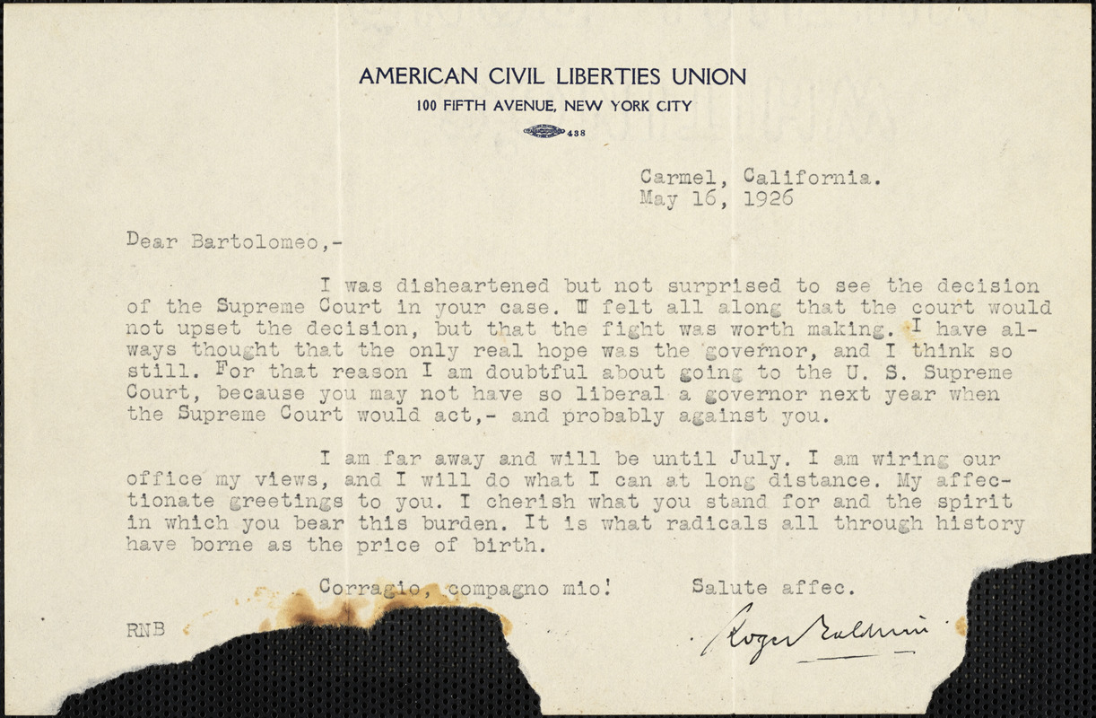 Roger N. Baldwin typed note signed to Bartolomeo Vanzetti, Carmel, Cal., 16 May 1926