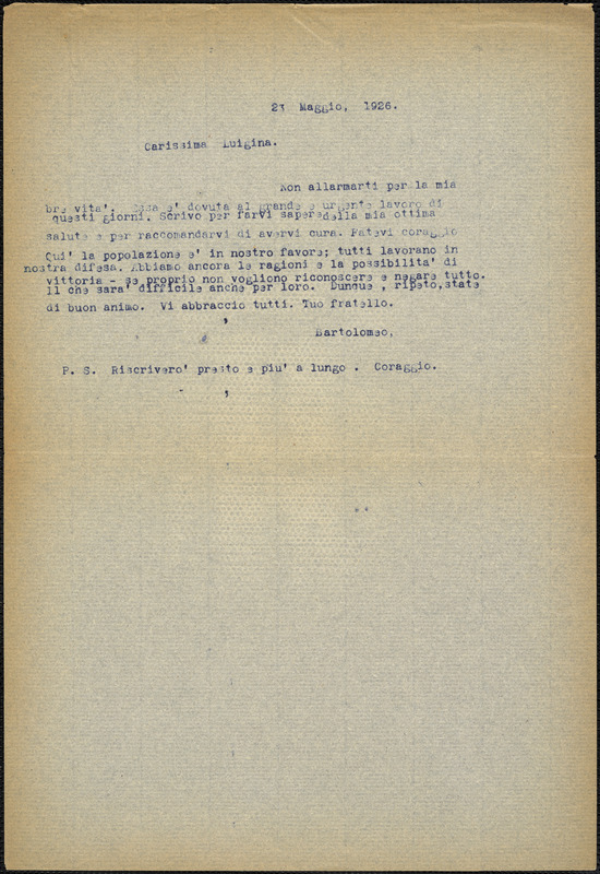 Bartolomeo Vanzetti typed note (copy) to Luigia Vanzetti, [Charlestown], 23 May 1925