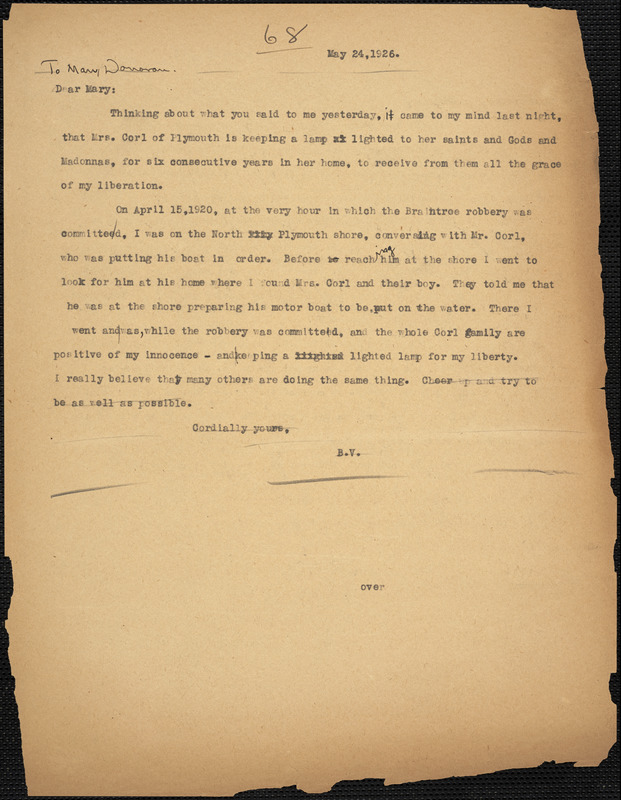 Bartolomeo Vanzetti typed letter (copy) to Mary [Donovan], [Charlestown], 24 May 1926