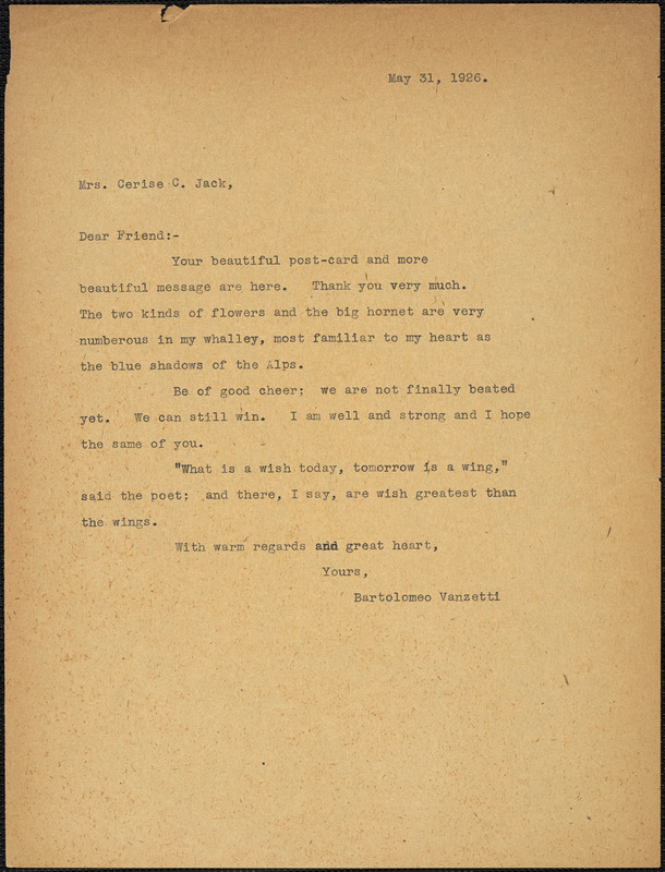 Bartolomeo Vanzetti typed note (copy) to Cerise Jack, [Charlestown], 31 May 1926