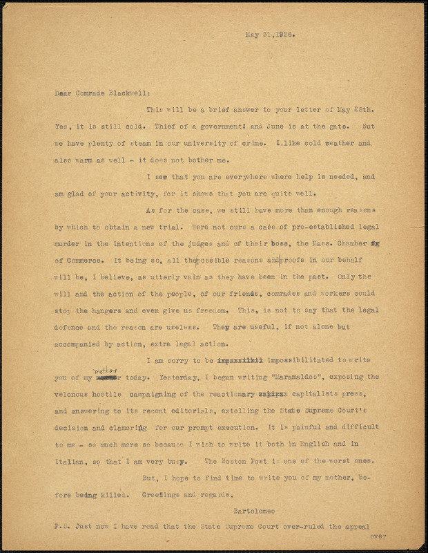 Bartolomeo Vanzetti typed note (copy) to Elizabeth Glendower Evans, [Charlestown], 31 May 1926