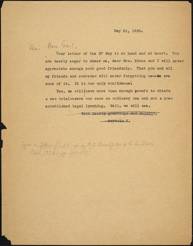 Bartolomeo Vanzetti typed letter (copy) to Alice Stone Blackwell, [Charlestown], 31 May 1926