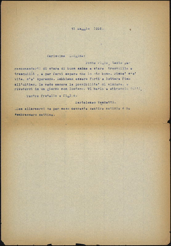 Bartolomeo Vanzetti typed note (copy) to Luigia Vanzetti, [Charlestown], 31 May 1926