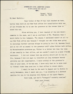 Roger N. Baldwin typed letter signed to Bartolomeo Vanzetti, Carmel, Cal., 11 June 1926