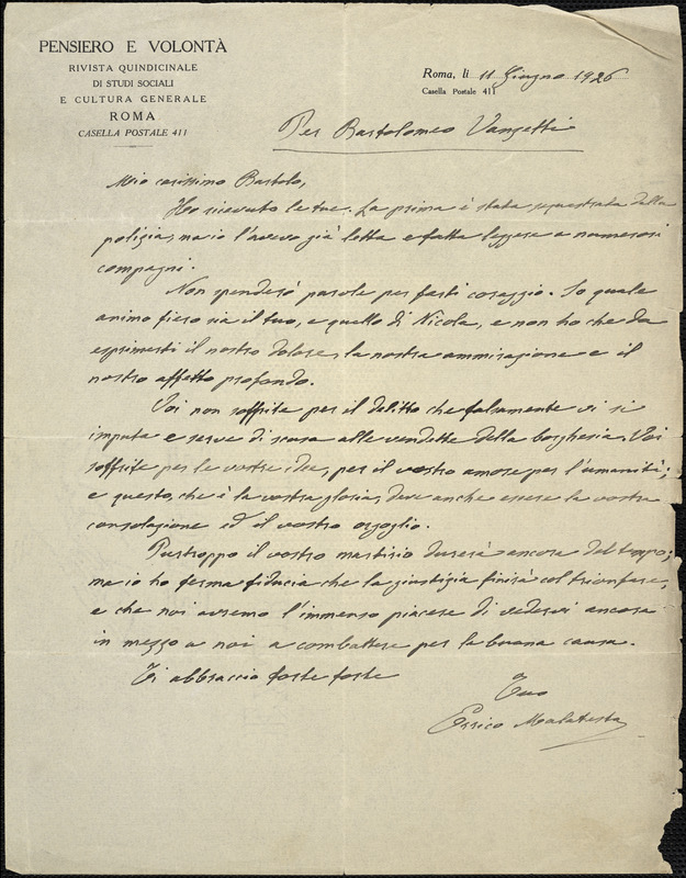 Errico Malatesta typed letter signed to Bartolomeo Vanzetti, Rome, 11 June 1926