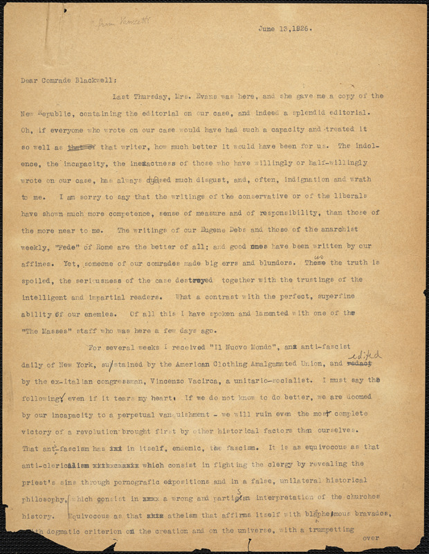 Bartolomeo Vanzetti typed letter (copy) to Alice Stone Blackwell, [Charlestown], 13 June 1926