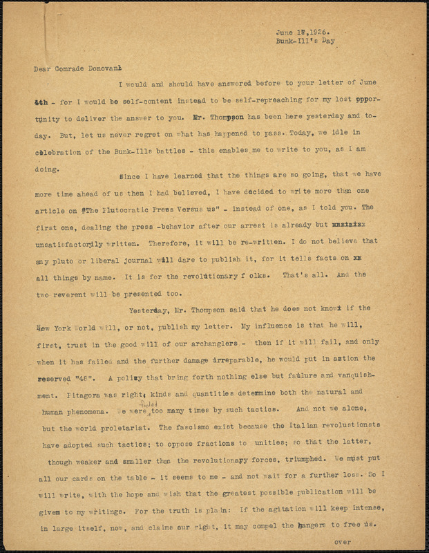 Bartolomeo Vanzetti typed letter (copy) to Mary Donovan, [Charlestown], 17 June 1926