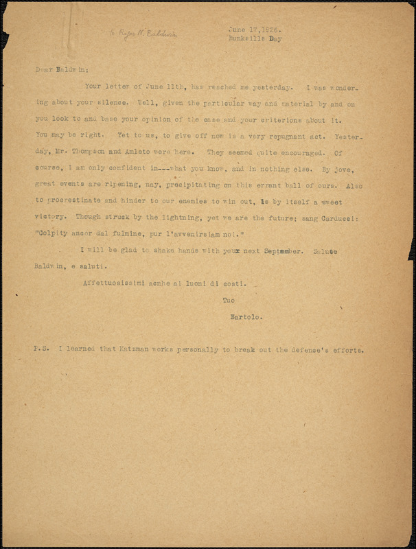 Bartolomeo Vanzetti typed letter (copy) to Roger Nash Baldwin, [Charlestown], 17 June 1926