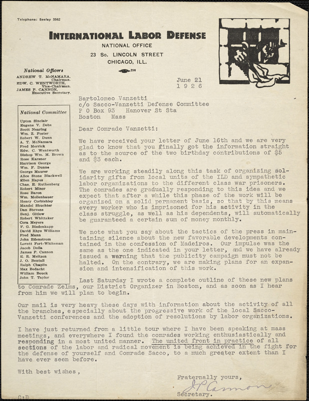 James P. Cannon typed letter signed to Bartolomeo Vanzetti, Chicago, 21 June 1926