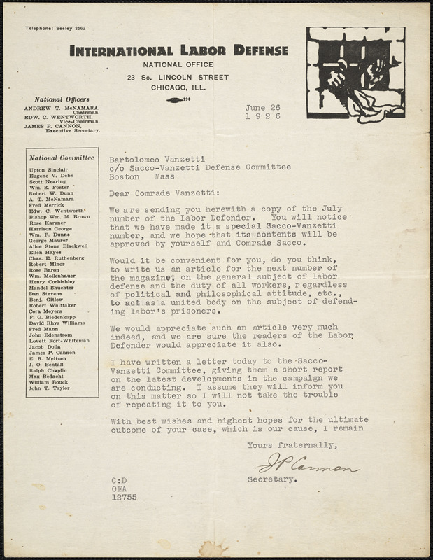 James P. Cannon typed letter signed to Bartolomeo Vanzetti, Chicago, 26 June 1926