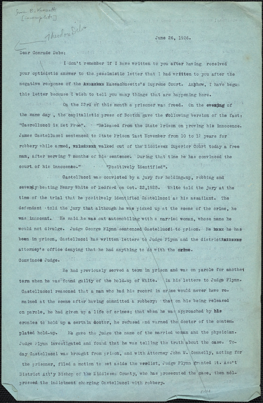 Bartolomeo Vanzetti typed letter (incomplete copy) to [Theodore] Debs, [Charlestown], 26 June 1926