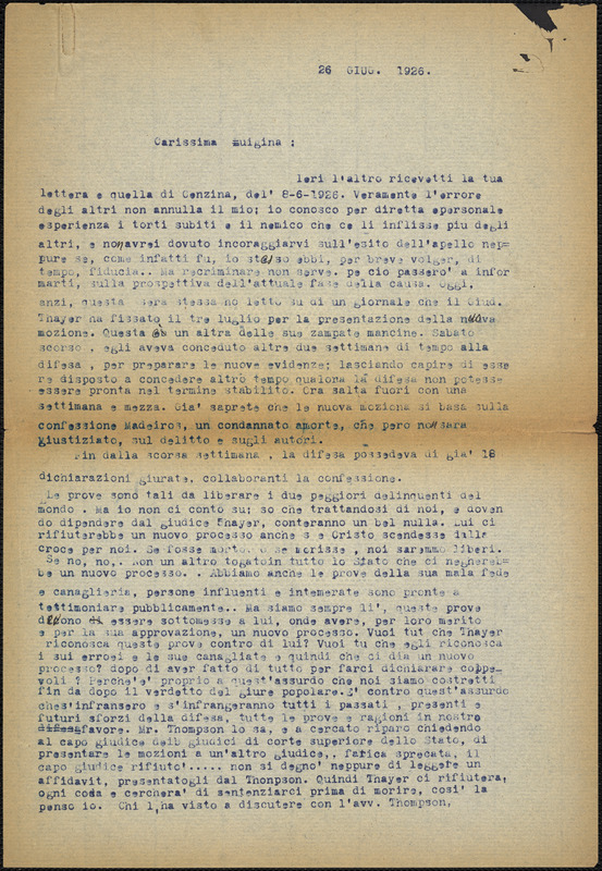 Bartolomeo Vanzetti typed letter (copy) to Luigia Vanzetti, [Charlestown], 26 June 1926