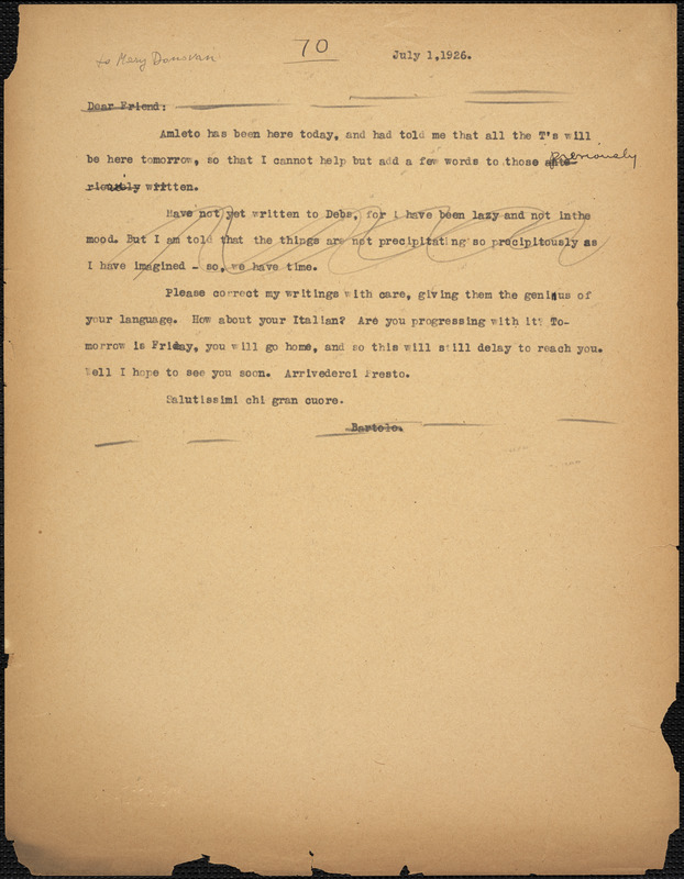 Bartolomeo Vanzetti typed note (copy) to [Mary Donovan], [Charlestown], 1 July 1926