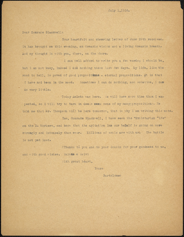 Bartolomeo Vanzetti typed letter (copy) to Alice Stone Blackwell, [Charlestown], 1 July 1926