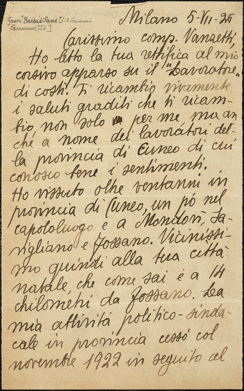 Giovanni Germanetto autographed letter signed to Bartolomeo Vanzetti, Milan, 5 July 1925