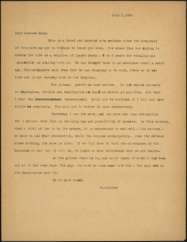 Bartolomeo Vanzetti typed letter (copy) to Mary Donovan, [Charlestown], 8 July 1926