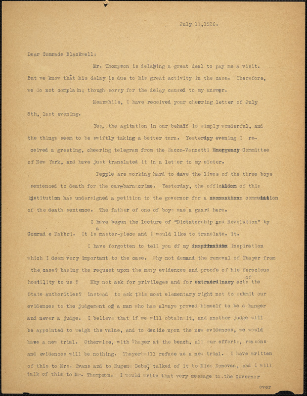 Bartolomeo Vanzetti typed letter (copy) to Alice Stone Blackwell, [Charlestown], 11 July 1926