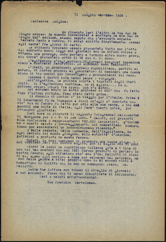 Bartolomeo Vanzetti typed letter (copy) to Luigia Vanzetti, [Charlestown], 11 July 1926
