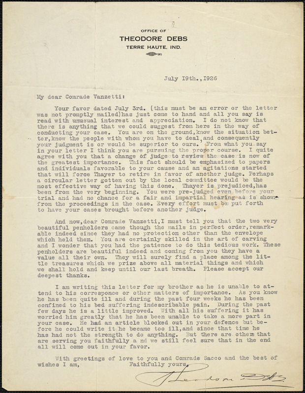 Theodore Debs typed letter signed to Bartolomeo Vanzetti, Terra Haute, Ind., 19 July 1926