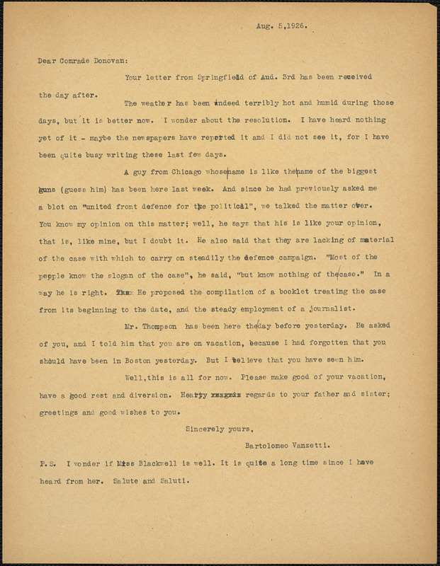 Bartolomeo Vanzetti typed letter (copy) to Mary Donovan, [Charlestown], 5 August 1926