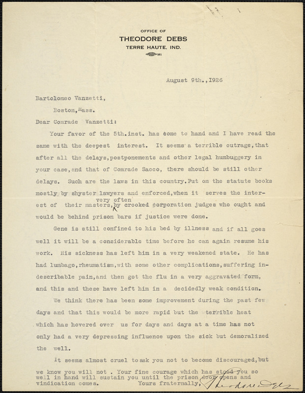 Theodore Debs typed letter signed to Bartolomeo Vanzetti, Terre Haute, Ind., 9 August 1926