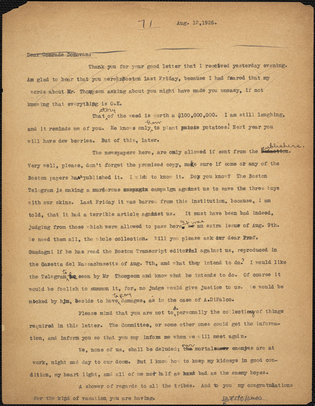Bartolomeo Vanzetti typed letter (copy) to Mary Donovan, [Charlestown], 12 August 1926