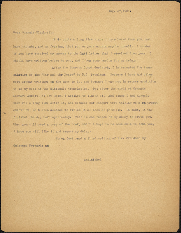 Bartolomeo Vanzetti typed letter (incomplete copy) to Alice Stone Blackwell, [Charlestown], 17 August 1926