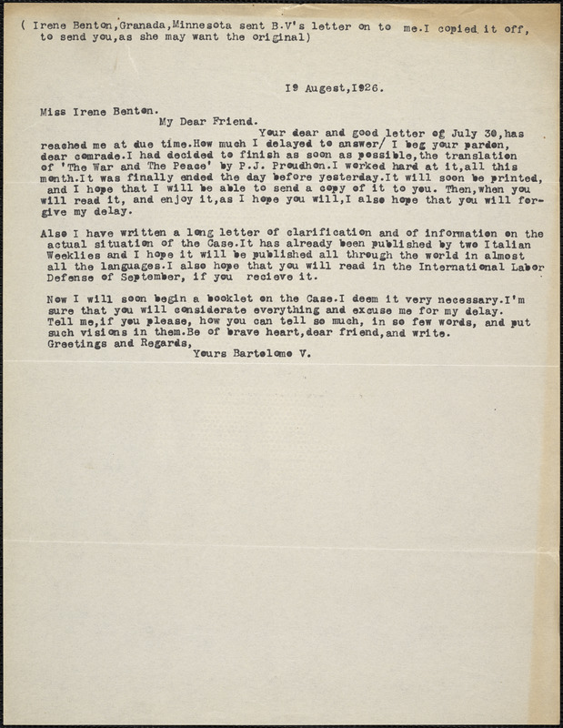 Bartolomeo Vanzetti typed letter (copy) to Irene Benton, [Charlestown], 19 August 1926