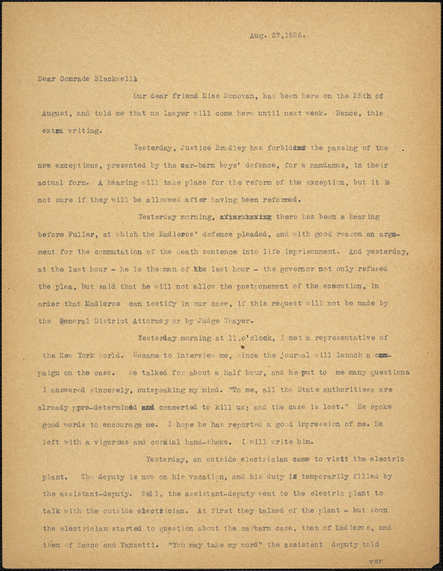 Bartolomeo Vanzetti typed letter (copy) to Alice Stone Blackwell. [Charlestown], 27 August 1926