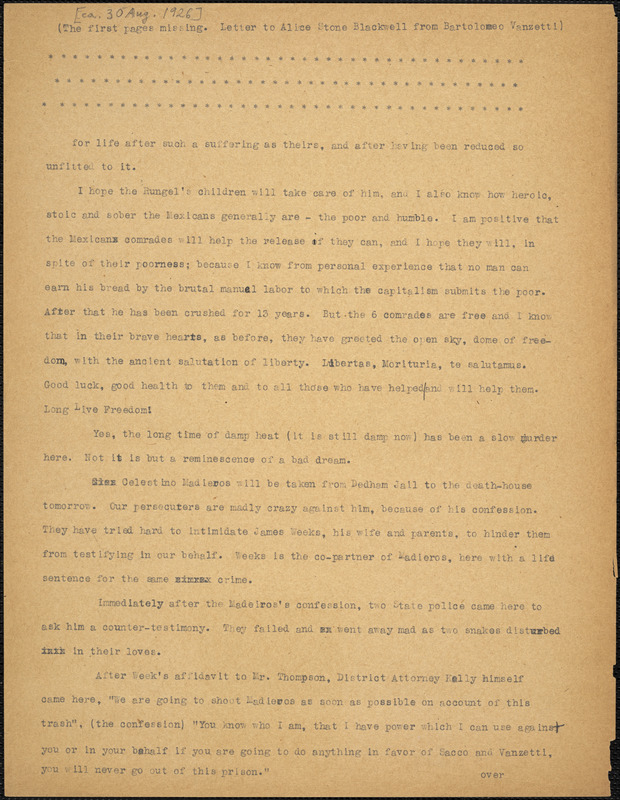 Bartolomeo Vanzetti typed letter (incomplete copy) to Alice Stone Blackwell, [Charlestown, 30 August 1926]