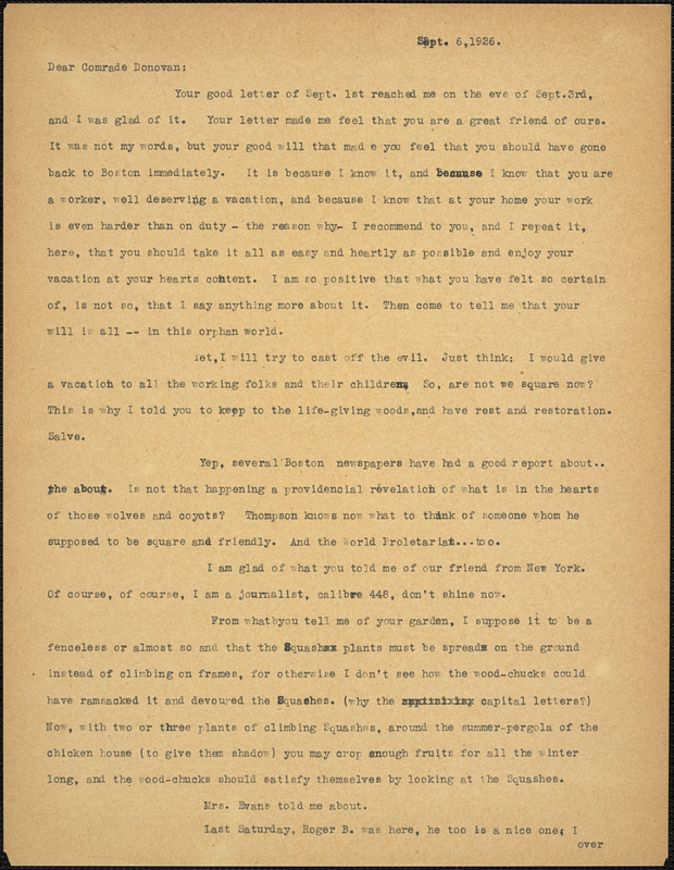 Bartolomeo Vanzetti typed letter (copy) to Mary Donovan, [Charlestown], 6 September 1926