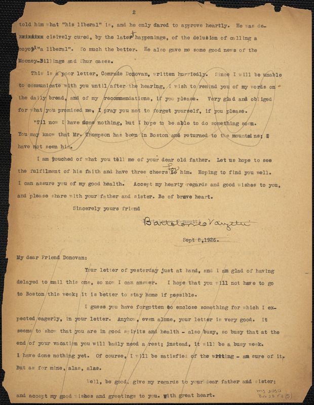 Bartolomeo Vanzetti typed note (copy) to Mary Donovan, [Charlestown], 8 September 1926