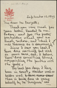 John J. Leary, Jr. autographed letter signed to Bartolomeo Vanzetti, [Boston], 15 October 1926