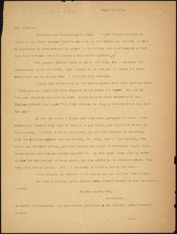 Bartolomeo Vanzetti typed letter (copy) to Roger N. Baldwin, [Charlestown], 18 September 1926