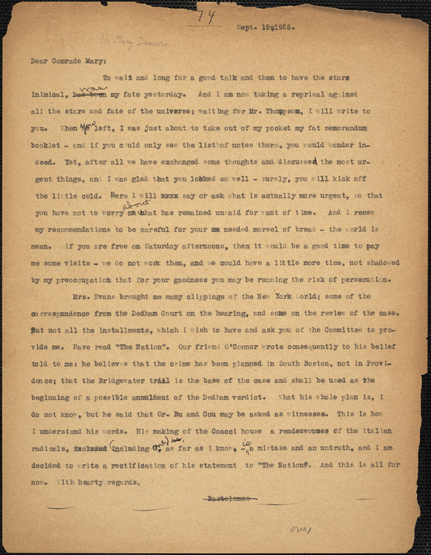 Bartolomeo Vanzetti typed letter (copy) to Mary Donovan, [Charlestown], 19 September 1926
