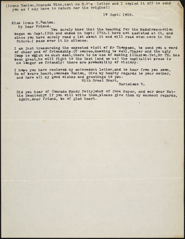Bartolomeo Vanzetti typed letter (copy) to Irene Benton, [Charlestown], 19 September 1926