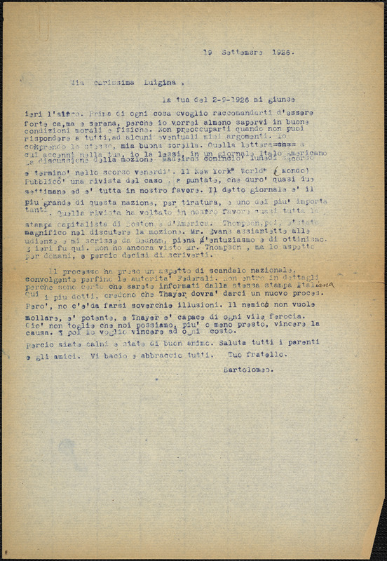 Bartolomeo Vanzetti typed letter (copy) to Luigia Vanzetti [Charlestown], 19 September 1926