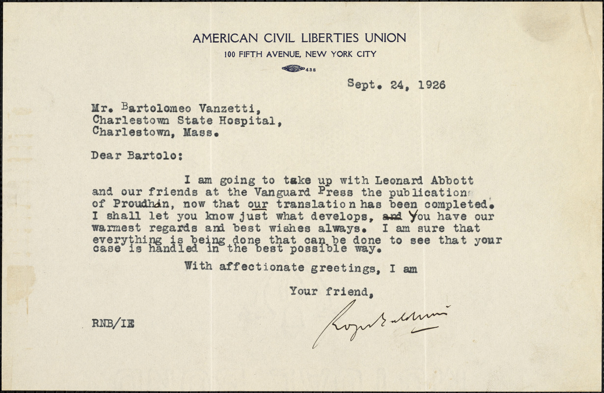Roger Nash Baldwin typed note signed to Bartolomeo Vanzetti, New York, 24 September 1926