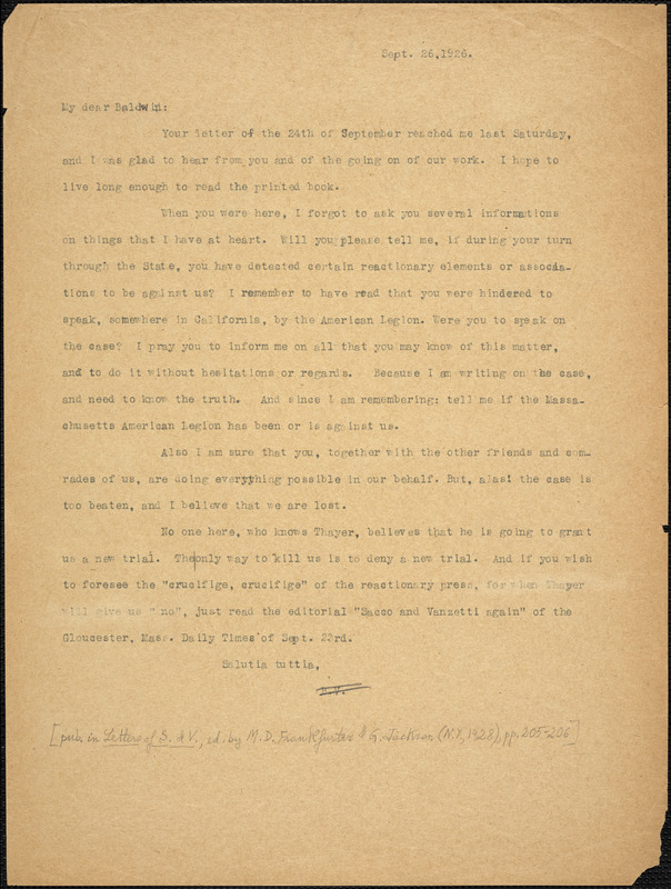 Bartolomeo Vanzetti typed letter (copy) to Roger Nash Baldwin, [Charlestown], 26 September 1926