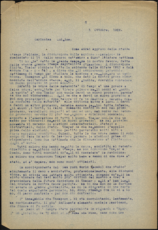Bartolomeo Vanzetti typed letter (copy) to Luigia Vanzetti, [Charlestown], 1 October 1926