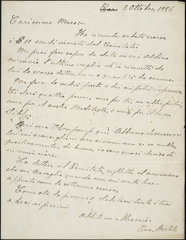 Bartolomeo Vanzetti autographed letter signed to Joseph Moro, [Charlestown], 3 October 1926