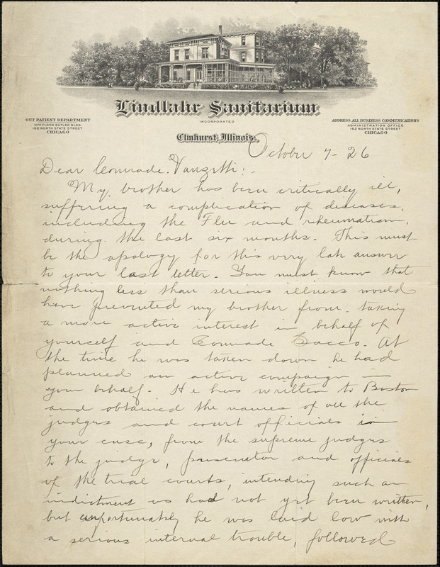 Theodore Debs autographed letter signed to Bartolomeo Vanzetti, Elmhurst, Ill., 7 October 1926