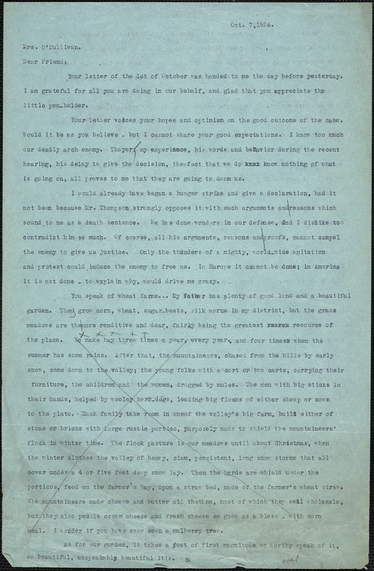 Bartolomeo Vanzetti typed letter (copy) to Mrs. M. O'Sullivan, [Charlestown], 7 October 1926