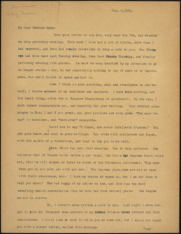 Bartolomeo Vanzetti typed letter (copy) to Mary Donovan, [Charlestown], 9 October 1926