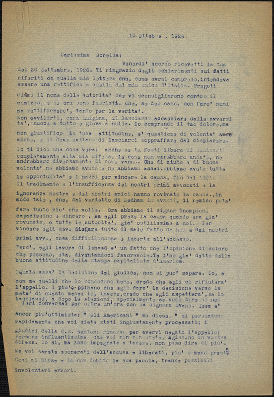 Bartolomeo Vanzetti typed letter (copy) to Luigia Vanzetti, [Charlestown], 10 October 1926